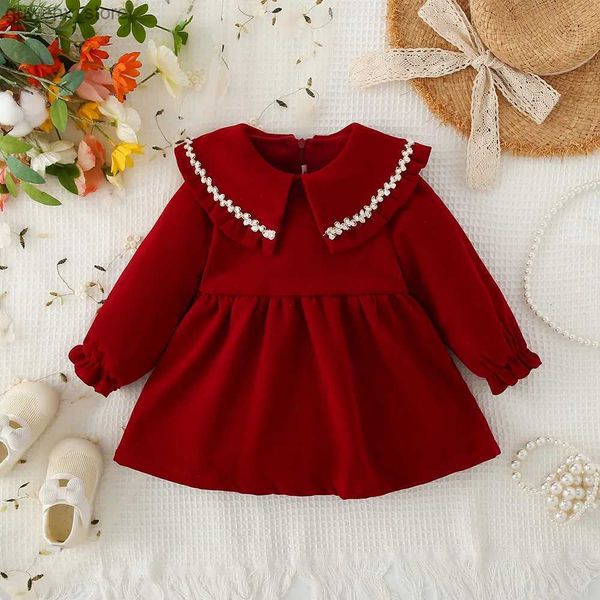 Mädchenkleider Baby Girl Langarm Kleid Herbst Rot Baumwolle Kleid Mode Geburtstag Prinzessin Kleid für Kinder Y240415Y240417J3fd