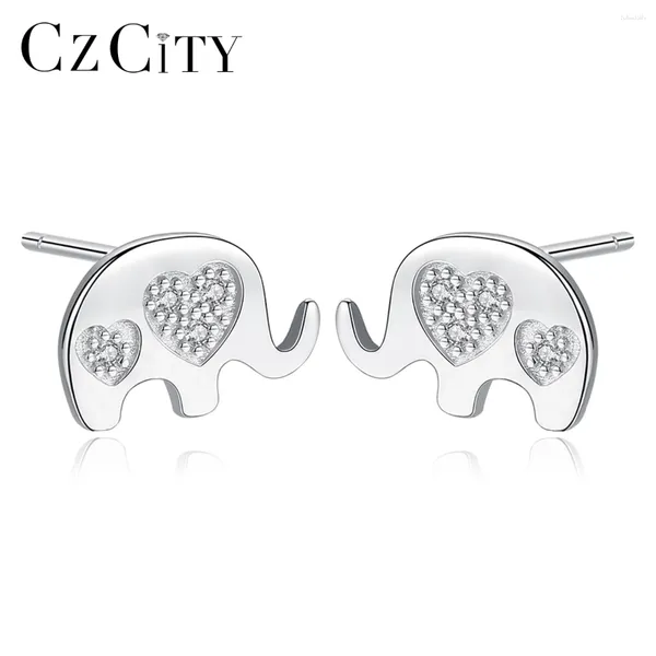 Orecchini per borchie CZCITY Double Heart 925 Elefante in argento sterling per donne Anniversario di gioielleria fine animale CZ Girl Love Gift