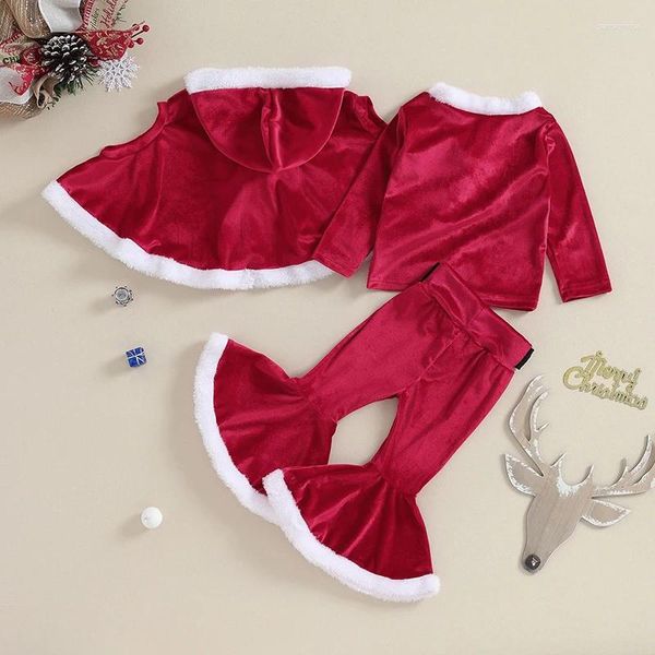 Kleidung Sets Kindermädchen Fall Outfits Langarm Velvet Tops Flare Hosen Bobbles Binde-up-Kapuze 3pcs Weihnachtskleidung Set