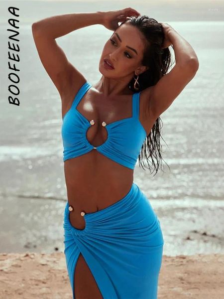 Arbeitskleider Boofeenaa sexy 2 -teilige Set Rock und Top Beach Urlaub Outfits Frau 2024 Sommer High Slit Maxi Kleid Anzüge Blau Schwarz