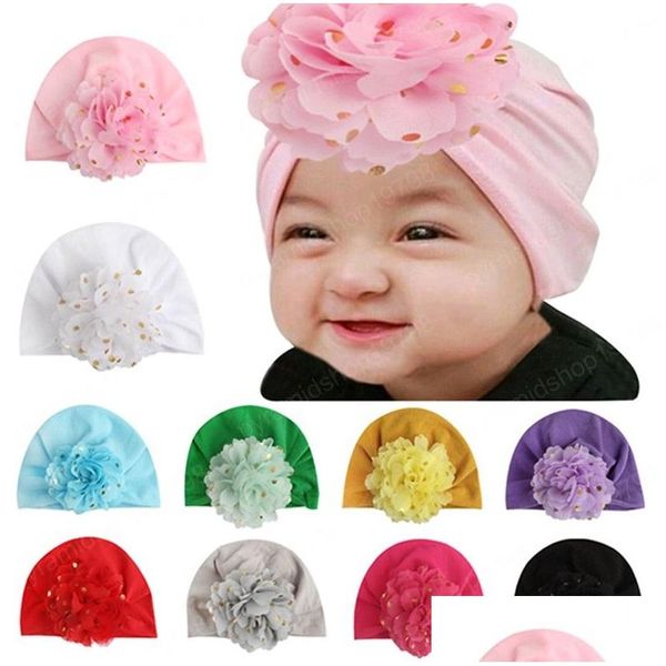 Caps Hüte hochwertige Baumwollmischungen Baby Girls Säuglingsblume mit goldenen Punkten Kinder Blumen Kopfbedecke Urlaub Dekoration 10 Farben Dro dhhqy