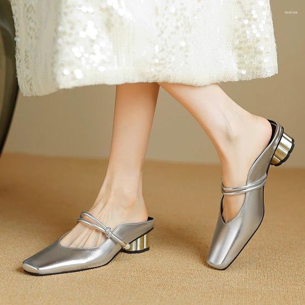 Terlik Moda Kadın Slaytları Bayanlar Elbise Ayakkabı Siyah Gümüş Bej Büyük Boyut 33-43 Parti Pompaları Günlük Katırlar Sandalet