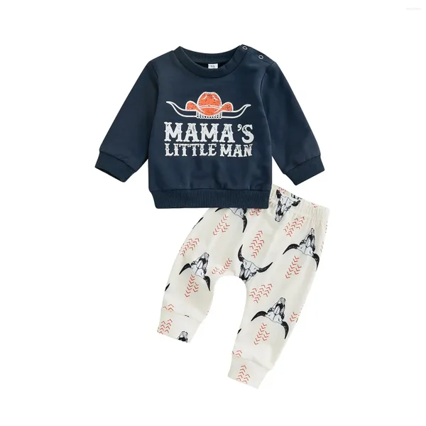 Set di abbigliamento per bambini pantaloni per neonati per neonati abiti a maniche lunghe a collo tondo fumetto lettere di cartone animato camicia bue testata 2 pcs set