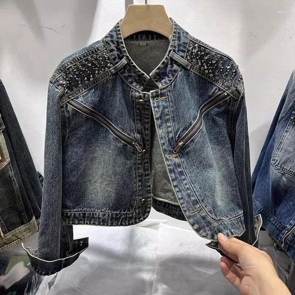 Jackets femininos Fashion Street Jean for Women 2024 Designer elegante jeans jeawing diamantes com zíper de miçangas jaqueta curta