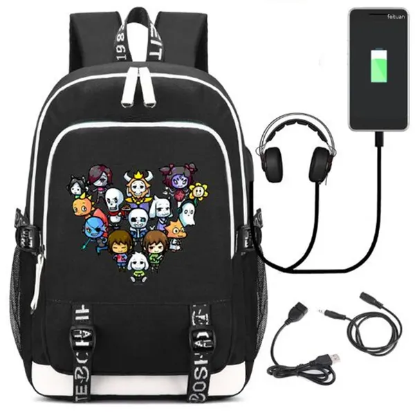 Backpack Undertale Skull USB Fashion Port Rucksack Bag Teenagers Sacos estudantis para a escola Travel Laptop Gifts