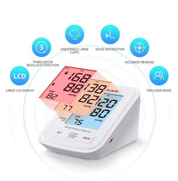 Monitor de pressão arterial Sinocare Tensiômetro Tensiômetro Máquina Automática BP Digital BP Medidor de freqüência cardíaca Medidor 3 Color LCD Display4935288