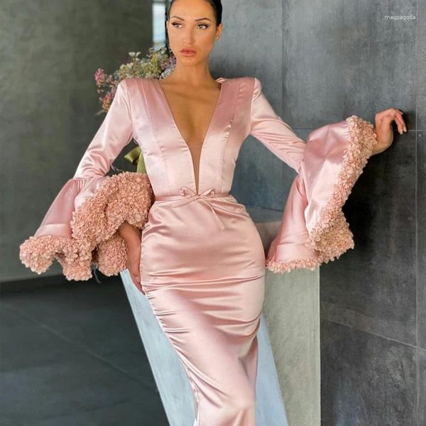 Vestidos de festa sereia rosa brilhante Prom Deep V pescoço de manga longa Flores Dubai Arábico Saudita Vestidos de noite