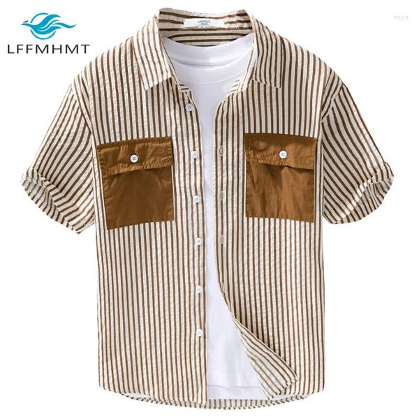 Camicie casual maschile 962 camicia a strisce estate texture a bolle di moda a doppia tasca corta manica corta comoda camicetta classica top maschio maschio