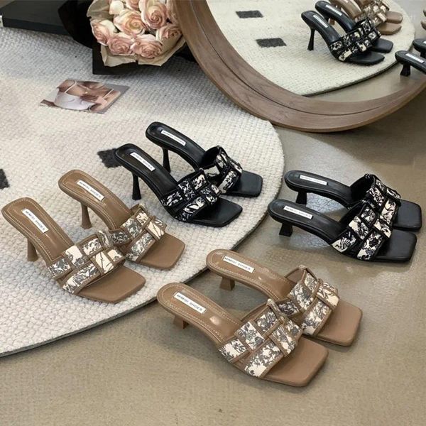 Hausschuhe Mode -Weave Frauen rutschen elegante Mules High Heels Schuhe weibliche Sandalen Freizeit Sandalias Beach Mujer