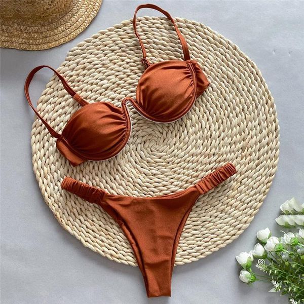 Biquíni de banho feminina Conjunto Sexy Brown Micro Push Up Mini Meninas de Tire -Madeir