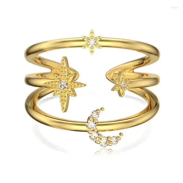 Ringos de cluster Design da moda 925 Rodium de prata esterlina 18K Gold Gold Batilhado Ajuste Múltipla Camada Estrela Lua 5A Cubic Zirconia Open