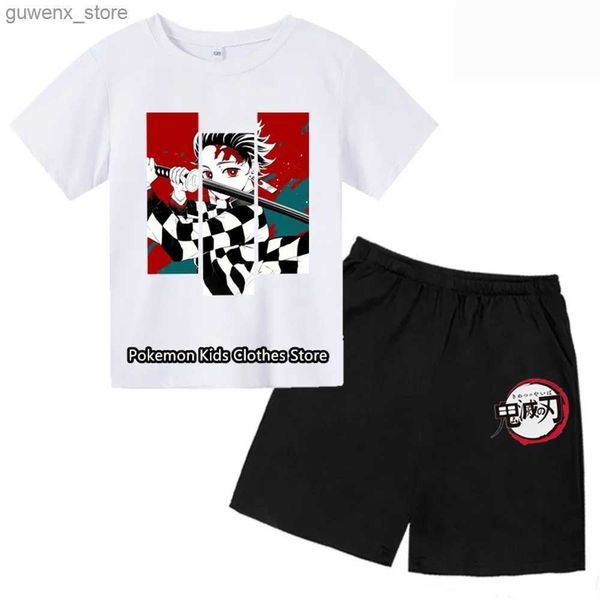 Kleidungssets Kinder Geburtstag präsentiert Demon Slayer Outfits Sommer Kurzärmel Cartoon Sonic Tee Shirts Kurzpants 2pcs Sets Anzüge Y240415