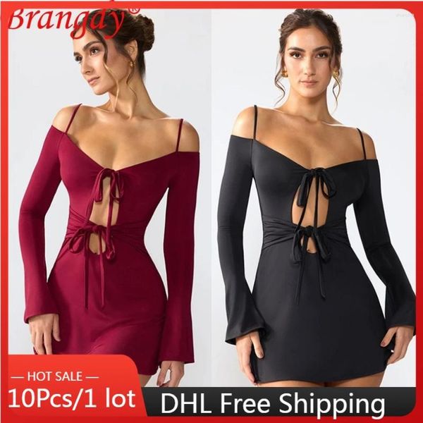 Lässige Kleider 10pcs Schüttgutgegenstände Großhandel Lose Halfter Langarm Hollow Out für Frauen elegante hübsche Damen Dress Club Party B13170