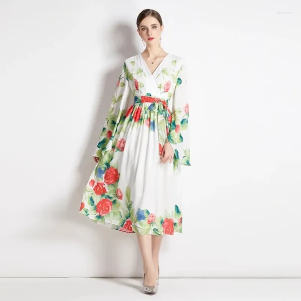 Casual Kleider Herbstmarke Designer Print Runway High-End Vintage Midi Splave Sleeve V-Ausschnitt Elegantes Partykleid