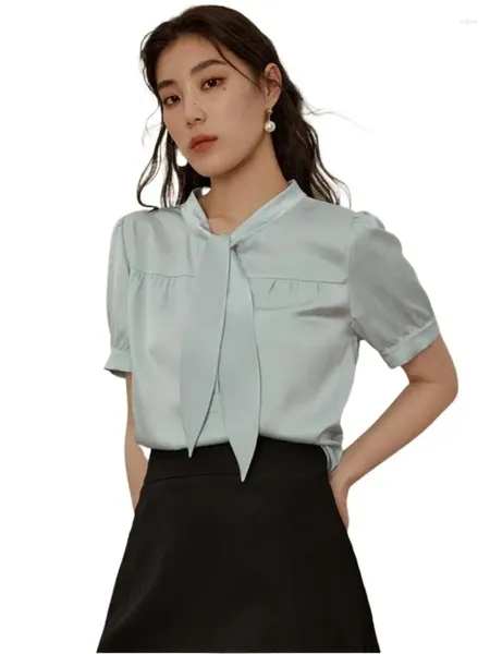 Blusas femininas elegantes cetim acético de cetim garotas brancas de manga curta tampas de seda camisas de camisa y2k coreano