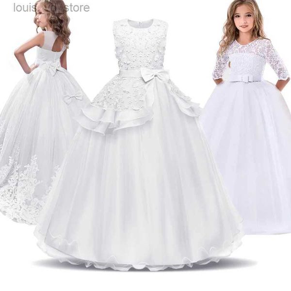 Mädchenkleider Blumen Mädchen Lange Brautjungfernkleider für Hochzeit 5-14 Jahre Kinder Spitzen Geburtstagsfeier Kleid Kinder weißer formaler Festzug Vestido T240415