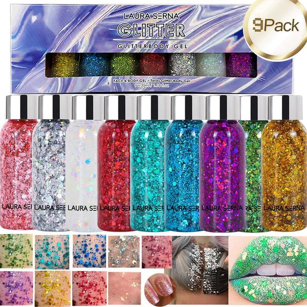 Фестиваль Body Glitter Gel Face Gear Glitter для век Голографические косметические лазерные порошковые порошок коренастый гвозди для волос блестящий макияж 240415