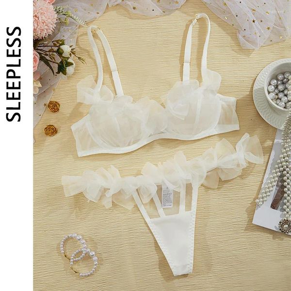 Бюстгальтеры устанавливают сексуальное нижнее белье TULLE BOWKNOT Bra Set Women Wise через романтическую билизну Трехточечный интимный наряд нижнее белье