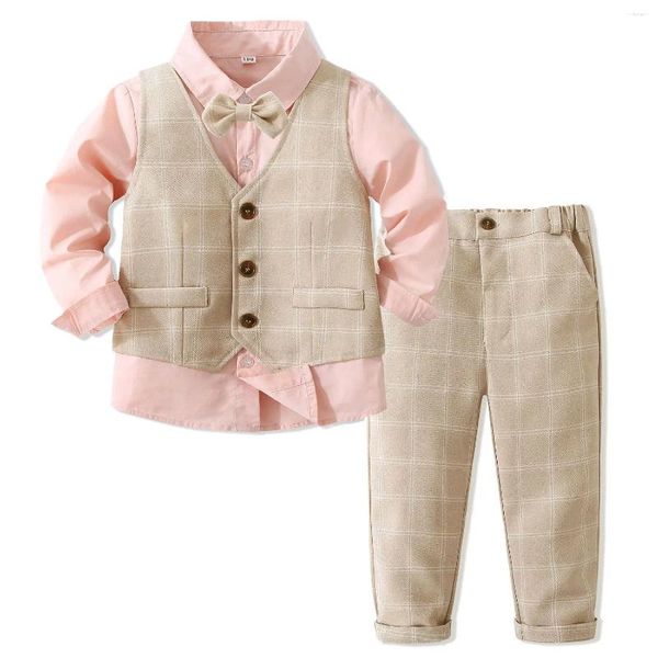 Roupas conjuntos de roupas para crianças roupas meninos roupas 1 2 3 4 5 y camisa rosa com calças xadrezas de coletor de colheita de colheita de casamento de casamento formal de casamento outono