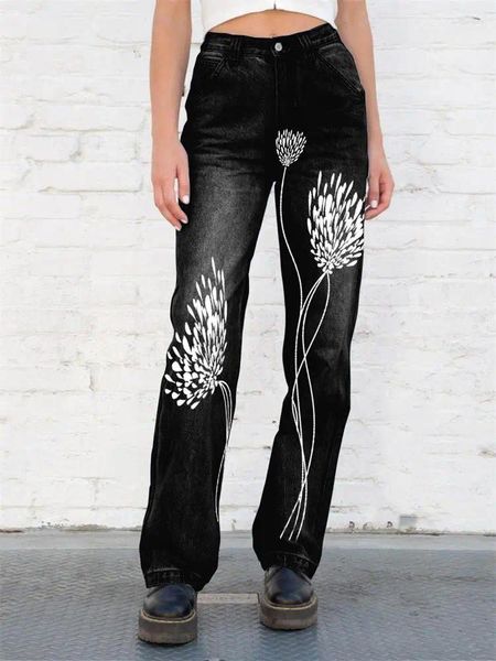Frauen Jeans Frühlings- und Herbst -Lotus -Wurzelabdruck Retro Art Casual einfacher großer großer Größe