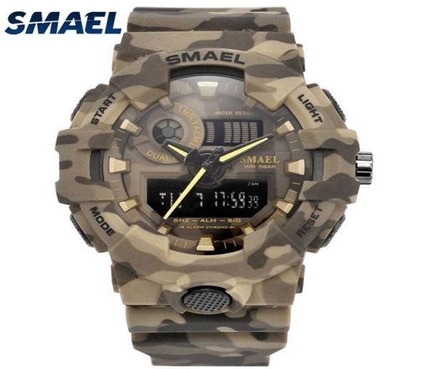 New Camouflage Military Watch Smael Brand Sport Watches LED LED Men Men Sport Wristwatch 8001 Mens Exército Assista a Água à prova d'água X0528051362