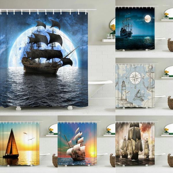 Cortinas de chuveiro de alta qualidade Vintage Ocean Trailboat Pirate Ship Fabric Curtain Banho à prova d'água para decoração do banheiro com ganchos