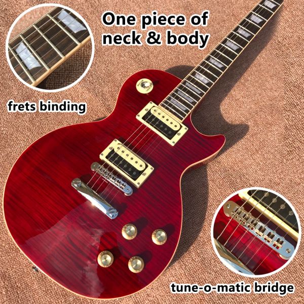 Гитара One Piece of Sece Body Electry Guitar Frets Переплетте мелодичный мост Прозрачный красный кленовый топ -гитара Бесплатная доставка