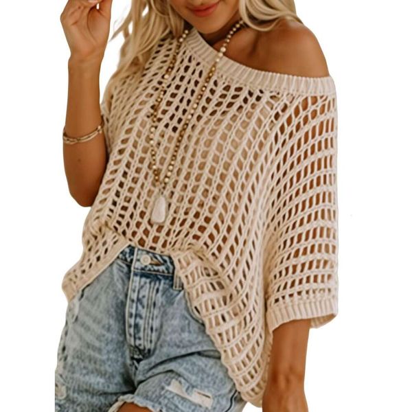 Dokotoo Womens Summer Scoop Neck Kurzarm Pullover lässig Crochet Hohlloch -Strick -Tops Pullover Hemds Beach Coverup