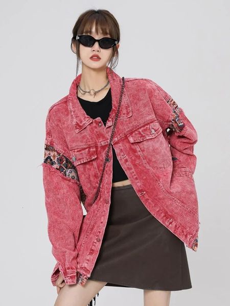Siri Pink Stitching Plus Tamanho Jaqueta jeans fêmea Primavera e outono American High Street Sweet Cool Retro Tooling Jacket Hipster 240329