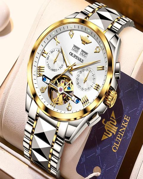 Oupinke Luxury Hollow Mechanical Men039S Guarda Tungsten Steel Sapphire Calendar Luminious Men Business Sports Sports Orologio maschile polso 2471295