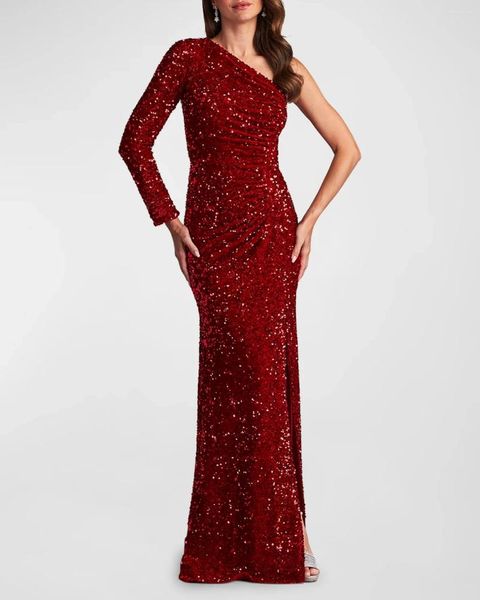 Partykleider Frauen mittelschwerer Stretch One Schulter Pailletten Wein Red Evening Kleid Langarm mermaid formelle Abendessen Winter elega