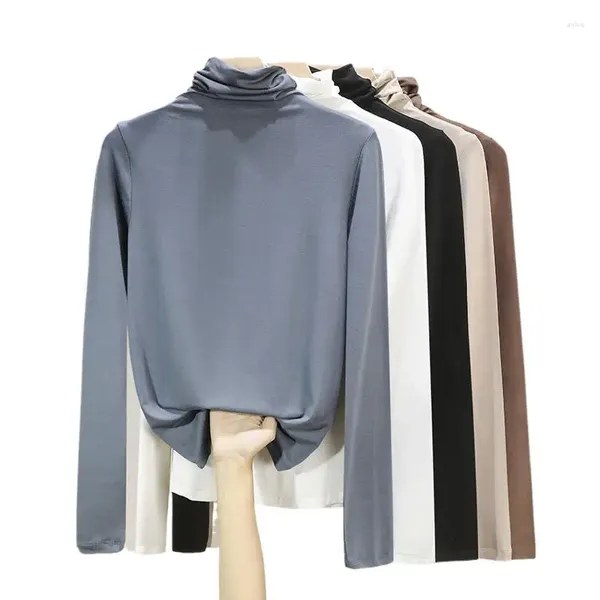 Blusas femininas algodão casual camisa macia sólida tops de moda básica 2024 outono manga longa gola alta
