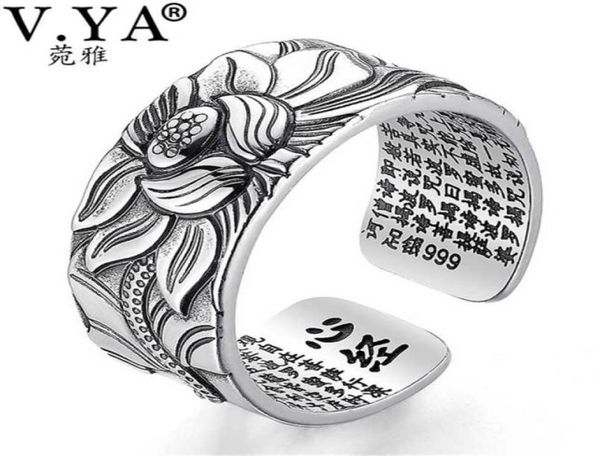 Vya 100 Real 999 Pure Silver Jewelry Lotus Flor Aberto Anel para homens Tamanho da moda masculina Coração budista Sutra Rings Presentes 229195204