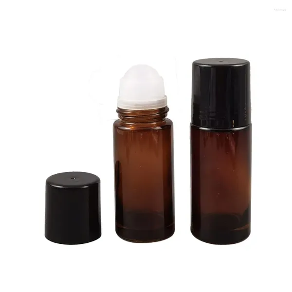 Garrafas de armazenamento 12pcs/lote 30ml 50ml Rolo de vidro âmbar na garrafa para recipientes de frasco de perfume de rolos de óleo essencial com tampa preta