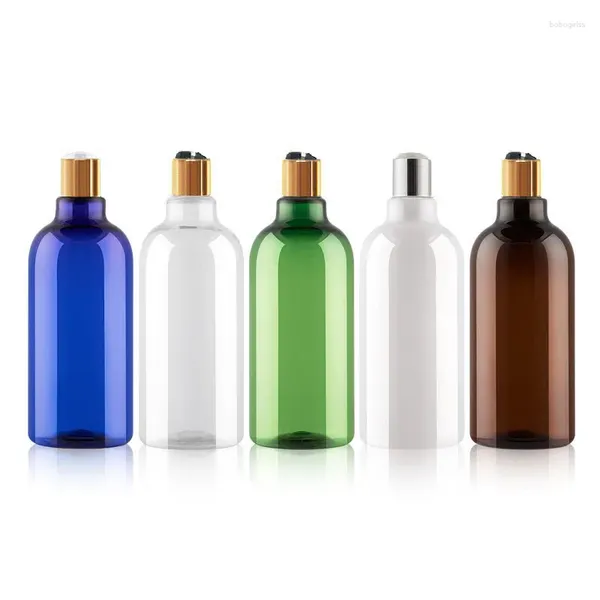 Bottiglie di stoccaggio 500 ml con tappo per disco in oro in plastica marrone in plastica da 17 once shampoo bottiglia essenziale gel doccia ad olio essenziale