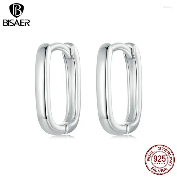 Brincos de argola Bisaer 925 Sterling Silver Square em forma de fivelas de geometria simples de fivelas de geometria