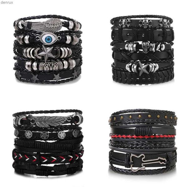 Другие браслеты Daxi Punk Multilayer Leather Bracelet Set Eye Wings Wings Star Charms Bears Браслеты для мужской вечеринки готические ювелирные украшения панк -брастель Ristanl240415