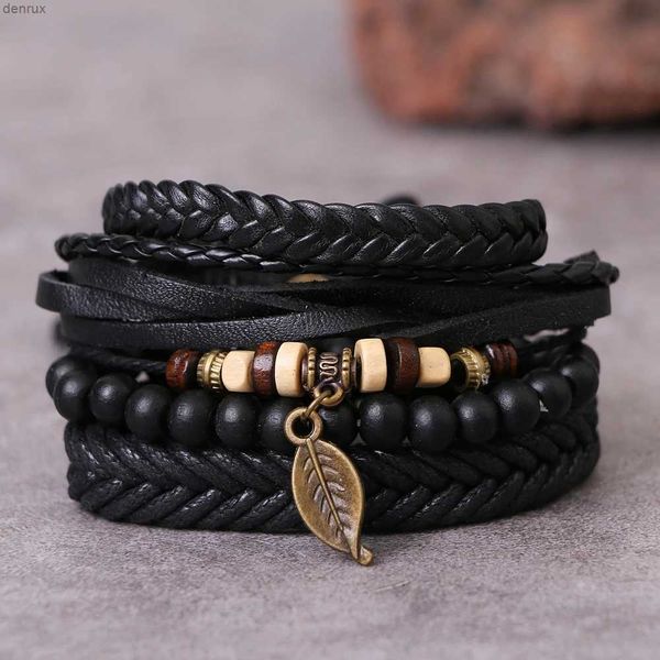 Andere Armbänder Daxi 4pcs/Set einstellbares Leder gewebtes Armbänder für Mann Bronzeblätter schwarzer Perlen Armband Vintage Gothnic Jewelry Giftsl240415