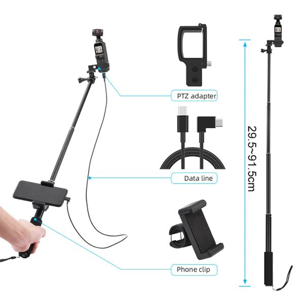 Suportes Extensão Pólo Selfie Stick Stick Phone Mount Module para DJI Pocket 2 Gimbal Camera Cable para TypeC IOS MicroUsB Acessórios