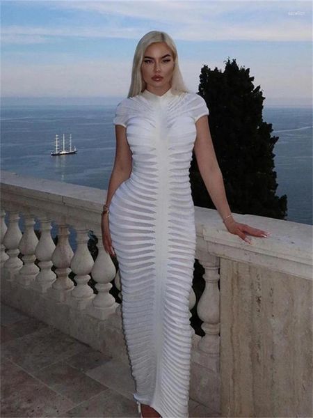 Parti elbiseleri wlwxr seksi beyaz şeffaf bodycon maxi elbise kadınlar için bahar kıyafetleri 2024 kısa kollu pileli uzun gündelik tatil