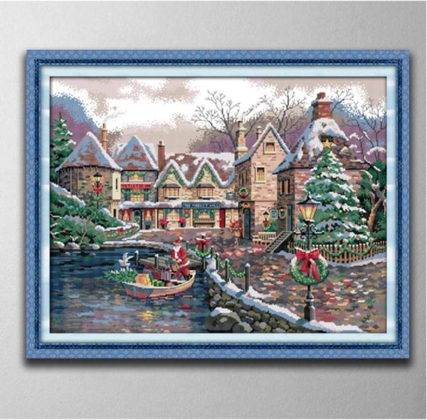 Christmas Town Handmade Cross Stitch Craft Tools Borderyer Behithwork Sets Counted Print on Canvas DMC 14CT 11CT decoração de casa Paint6525069