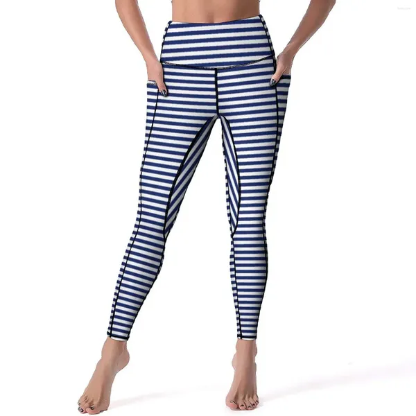 Calças ativas azul marinho e brancas perneiras com bolsos listras ioga push up treino de legging estético seco rápido calças esportivas