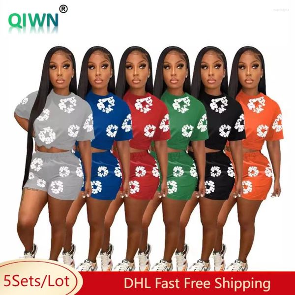 Damen-Trailsuits 5Sets Bulk Großhandel Druck Kurzer Set Frauen Sommer lässig Ärmel T-Shirt Shorts Outfits Frauen Streetwear