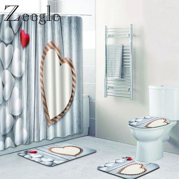 Tapetes de banho ZEEGLE 4PCS 180x180cm Romântico amor padrão chuveiro Curta