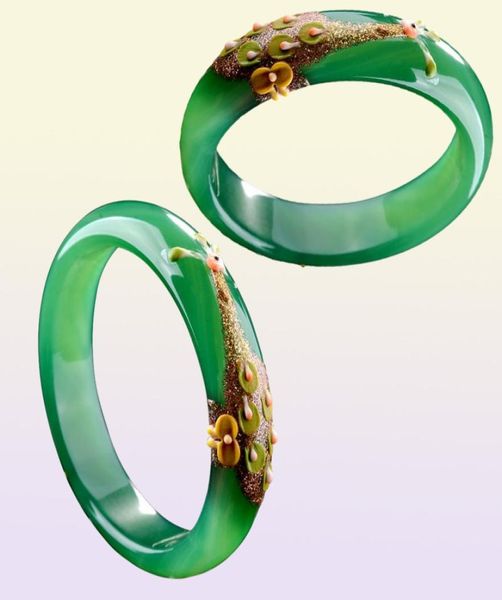 Bracelets verdes naturais Desenho colorido Pavão e pulseiras de flores Bangles Gream para mulheres jades jóias1107736