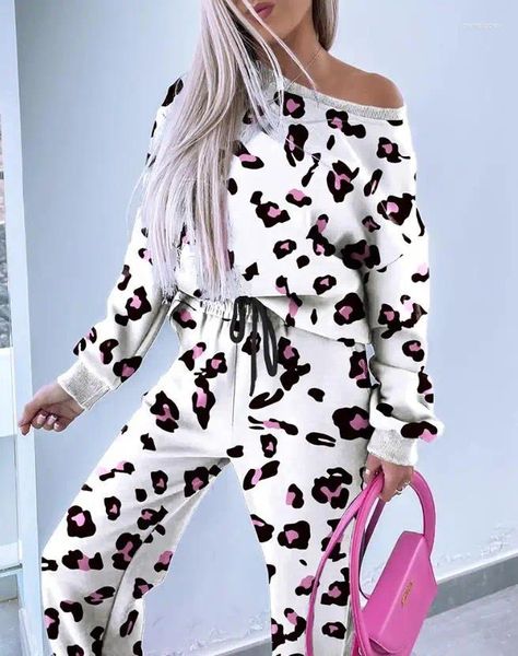 Frauen zweisteuelischer Hosenanzug lässig Langarm rosa Leopardenrunde runde Nacken -Sweatshirt -Schlepptätte Kordelstring -Jogginghose Sets Frauen Outfit