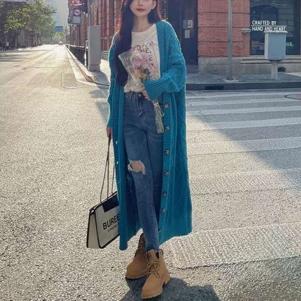 Korean Herbst New Lazy Style gebratener Teig Drehungen Lose Großversion Vielseitiger Pullovermantel Long Strick -Strickjacke für Frauen