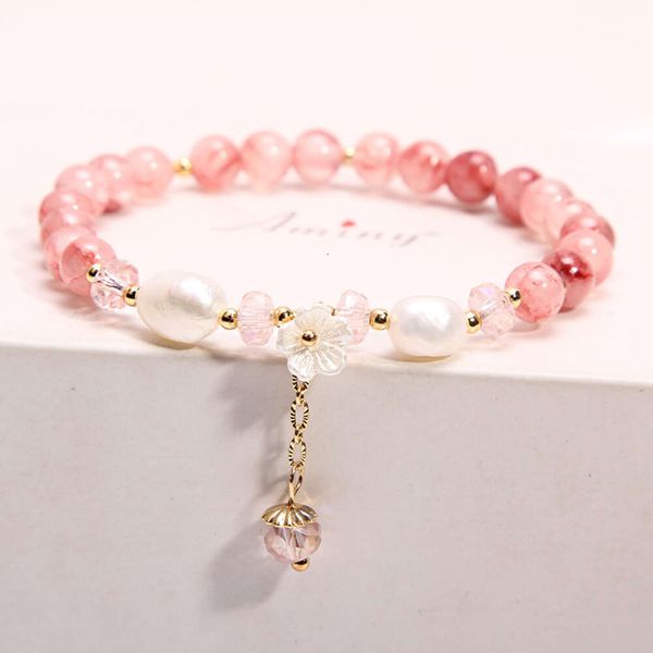 Versão coreana da pulseira de cristal de romã, pérolas genuínas de água doce, jóias de pulseira de flores femininas