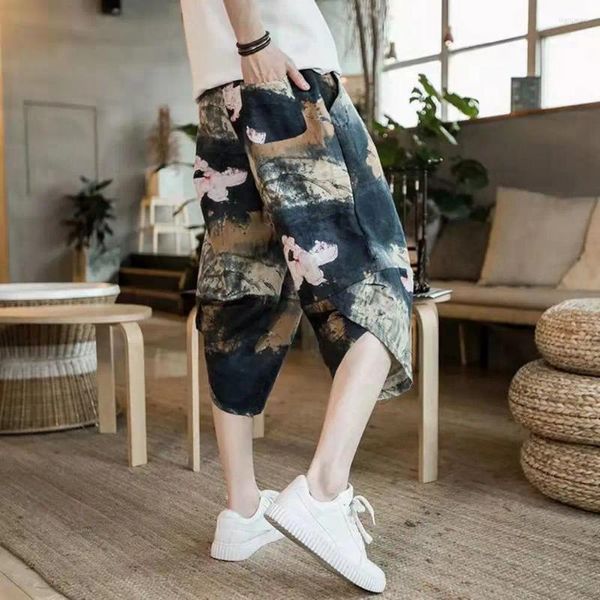 Calças masculinas estampas florais Bloomers de perna larga estilo chinês Retro Cropped Troushers com bolsos laterais Cintura elástica para diariamente