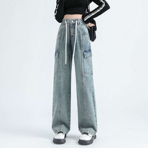 2024 Spring Prawstring Elastic High Caist Multi Pocket Workwear Design Setent Jeans Women